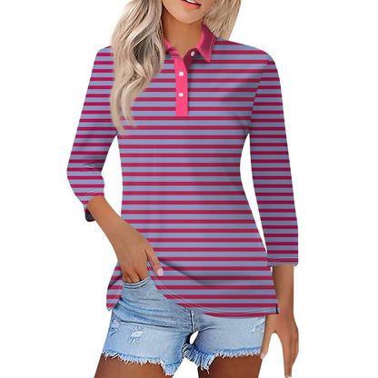 2024 Women's Striped Long Sleeve Polo Shirt