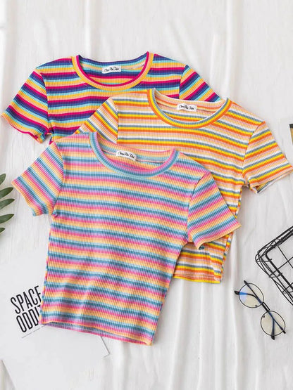 Summer Rainbow Striped Slim Fit T-Shirt