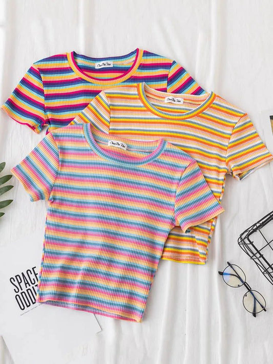 Summer Rainbow Striped Slim Fit T-Shirt