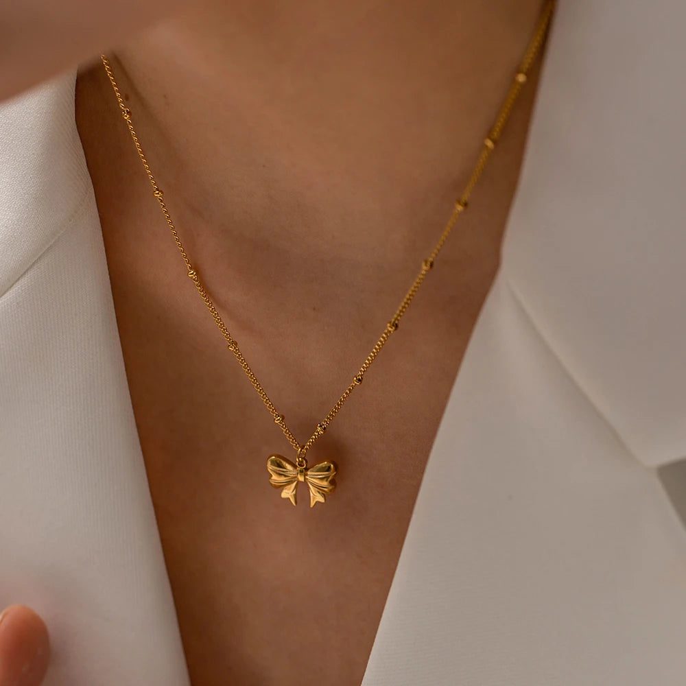 Trendy Waterproof 18K Gold Bow Pendant Necklace