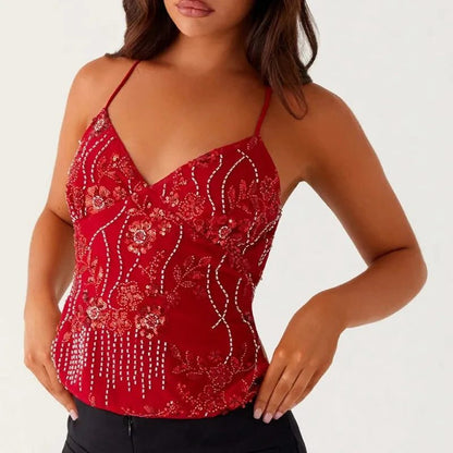 Sequin Beaded Halter Crop Top Women