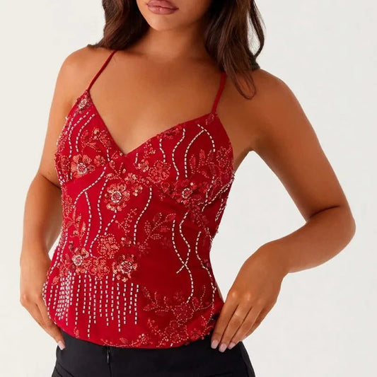 Sequin Beaded Halter Crop Top Women