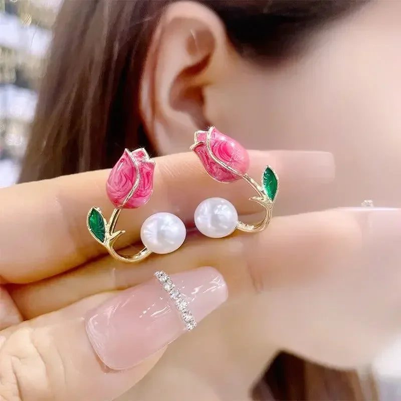 Elegant Pearl Tulip Flower Stud Earrings