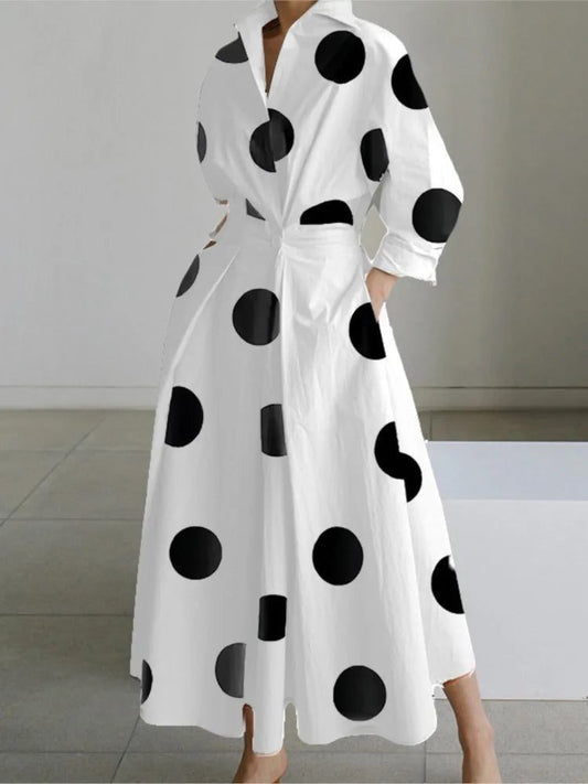 Elegant V Neck Polka Dot Midi Dress