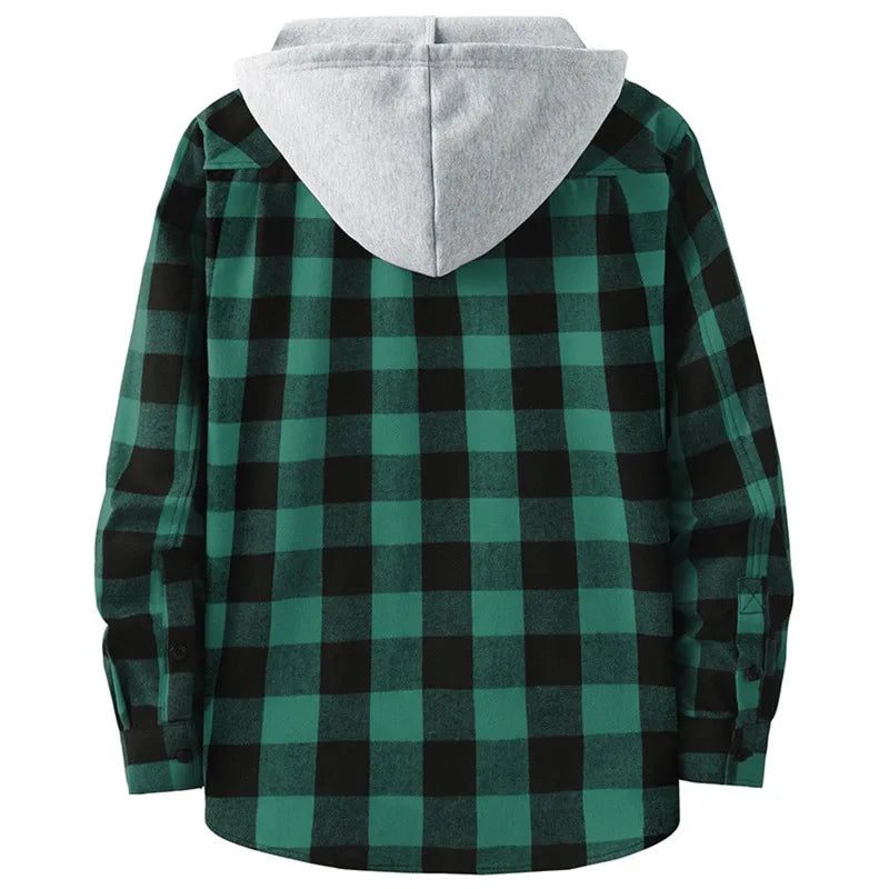 Men's Casual Plaid Flannel Hooded Shirt