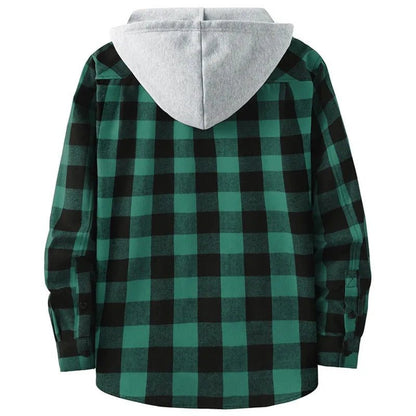 Men's Casual Plaid Flannel Hooded Shirt