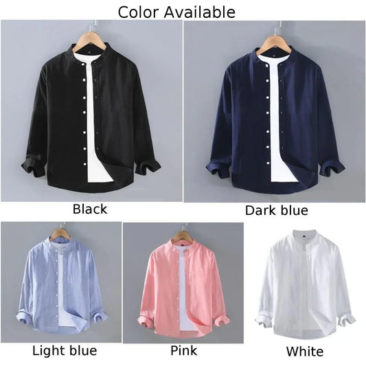 Men's Linen Stand Collar Long Sleeve Shirt