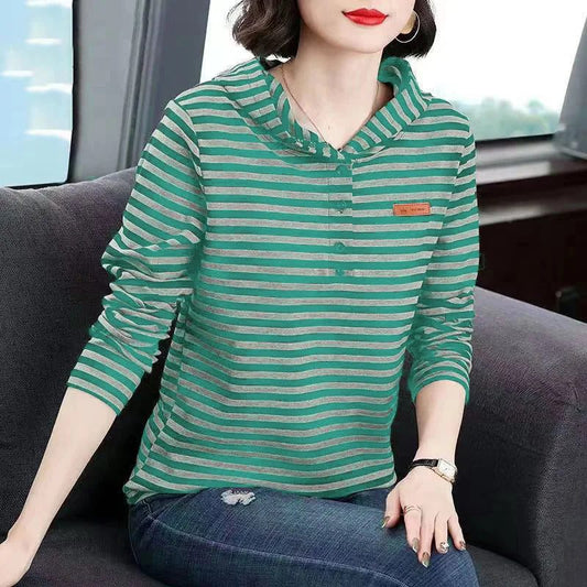 2023 Women's Striped Hooded Long Sleeve T-shirt