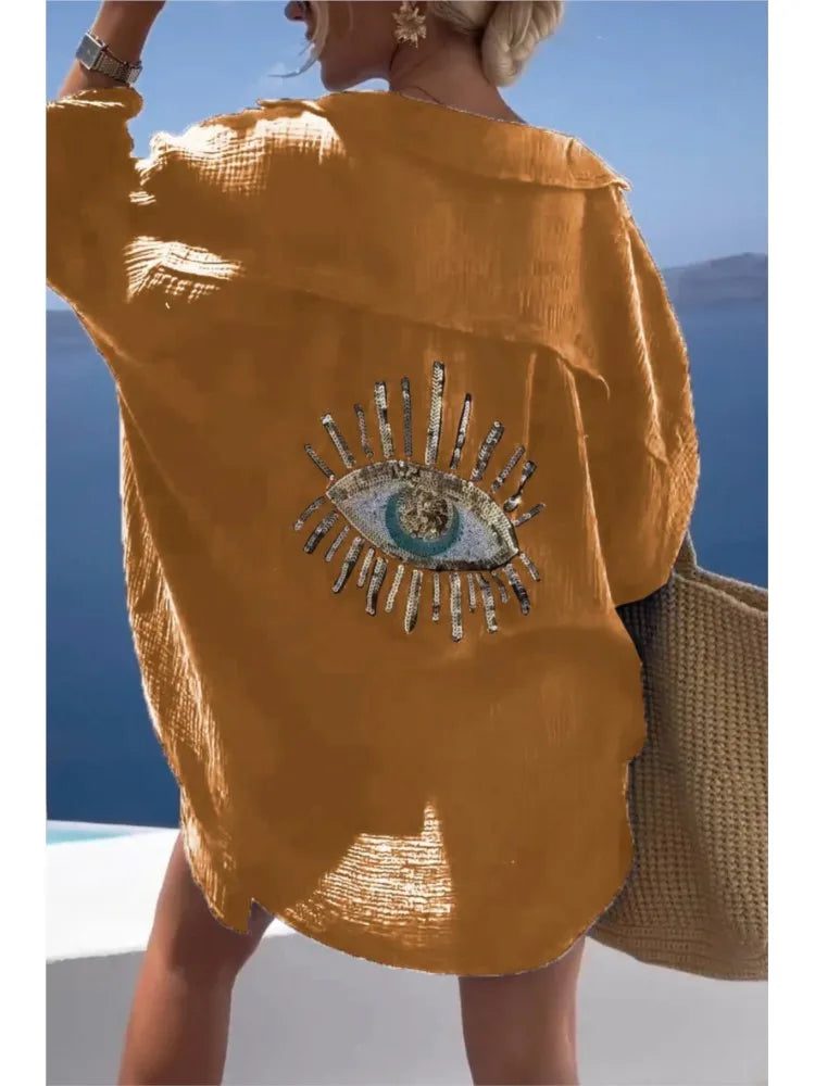 2024 Casual Sequin Eye Dress Shirts for Women