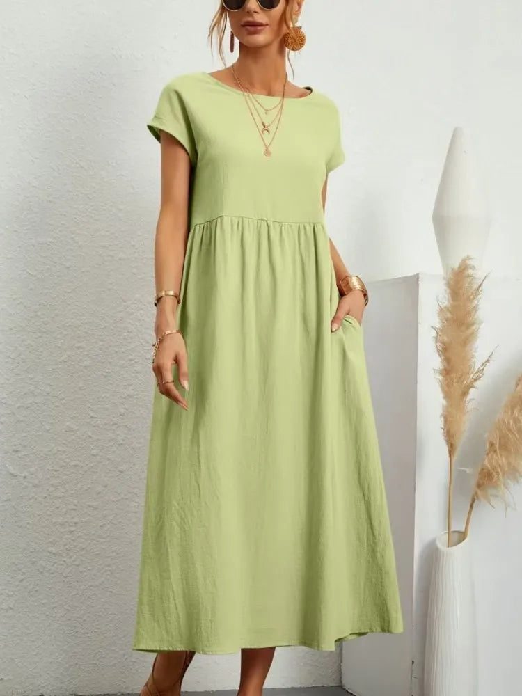 Casual Cotton Midi Dress with Pockets for Women
