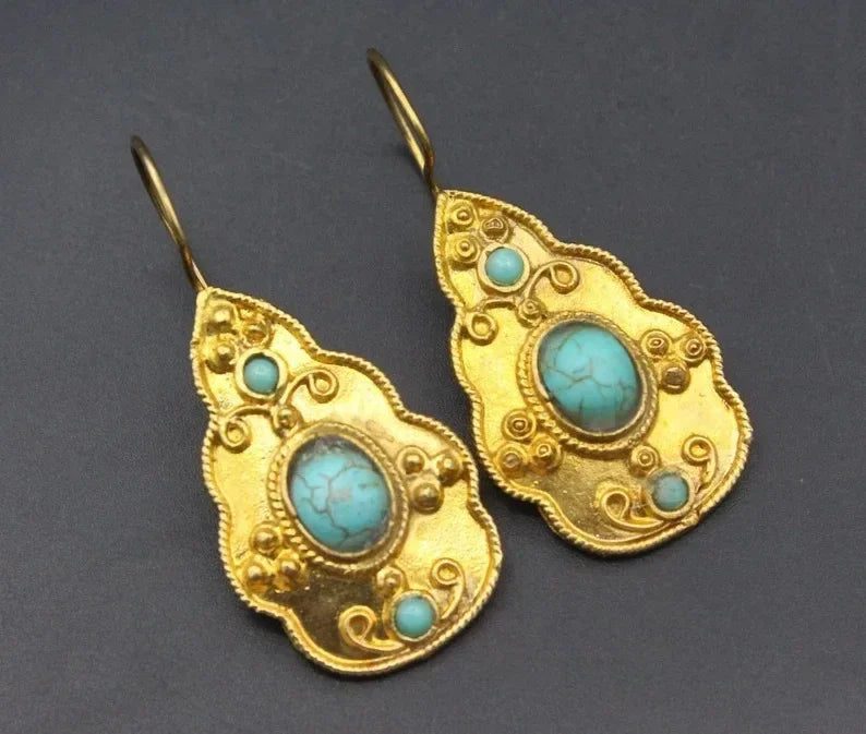 Vintage Gold Ornate Turquoise Earrings for Women