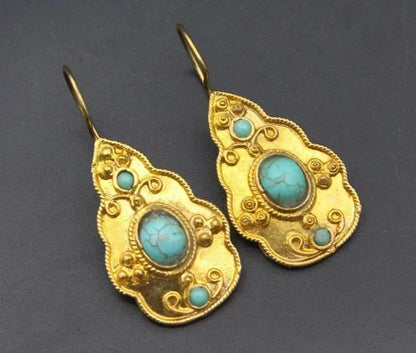 Vintage Gold Ornate Turquoise Earrings for Women