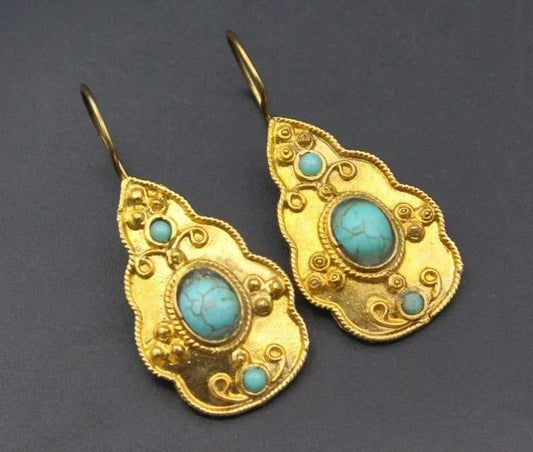 Vintage Gold Ornate Turquoise Earrings for Women