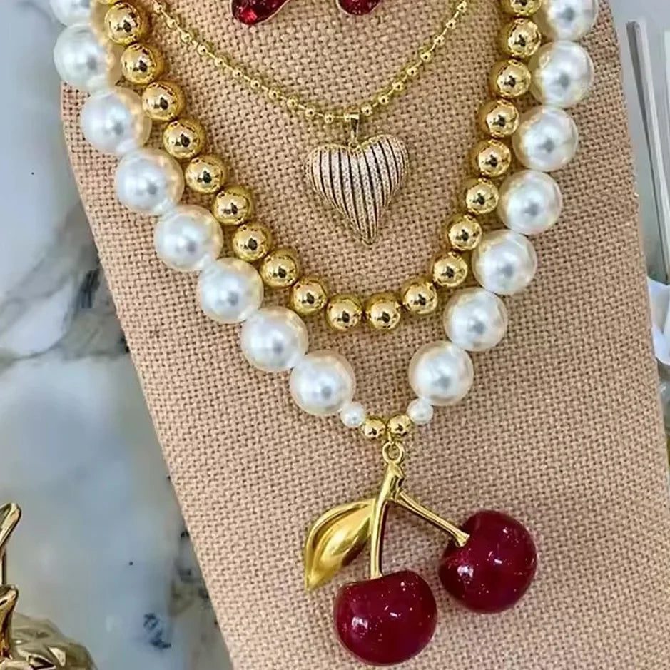 Chunky Cherry Pendant Necklace with Pearls