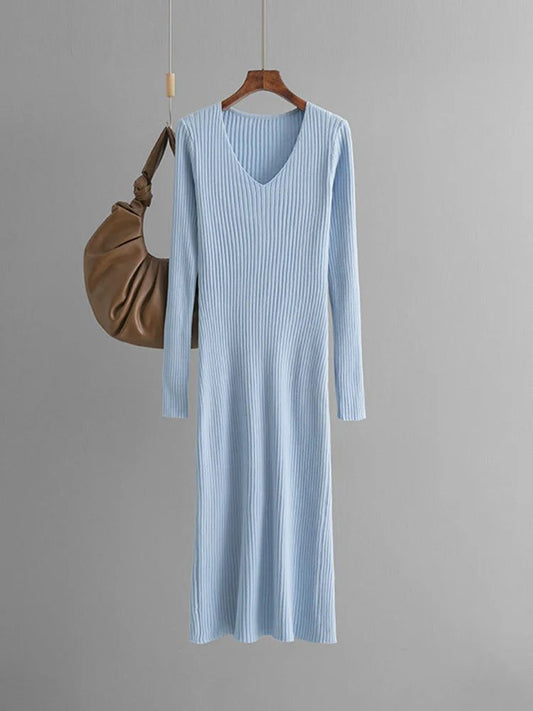 Light Blue V Neck Knitted Sweater Dress