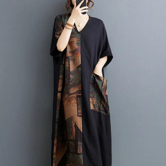 Vintage Black Cotton Dress with Pockets