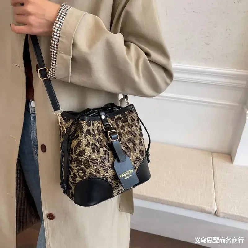 Leopard Print Crossbody Bucket Bag for Women