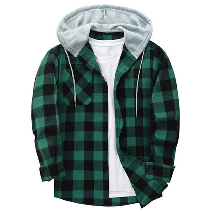 Men's Casual Plaid Flannel Hooded Shirt