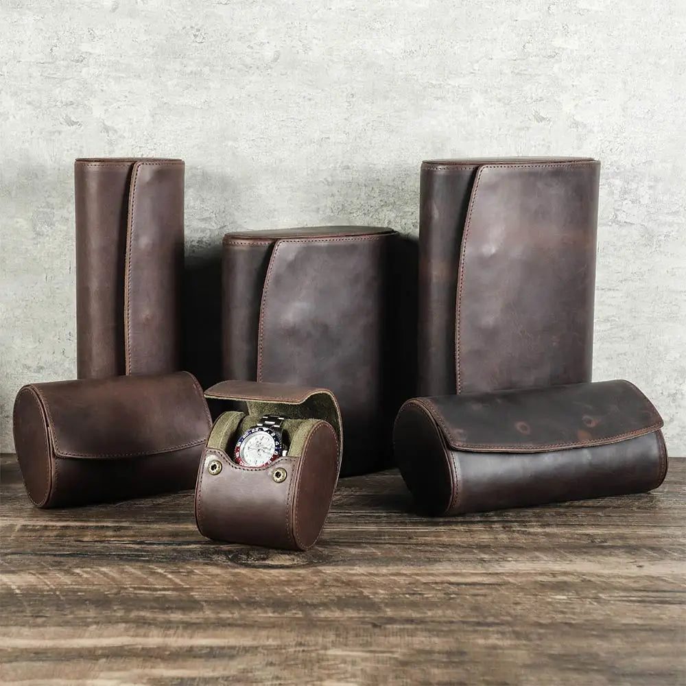 Vintage Leather Watch Roll Travel Case Organizer
