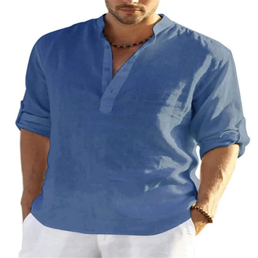 Men's V-Neck Cotton Linen Long Sleeve Shirt