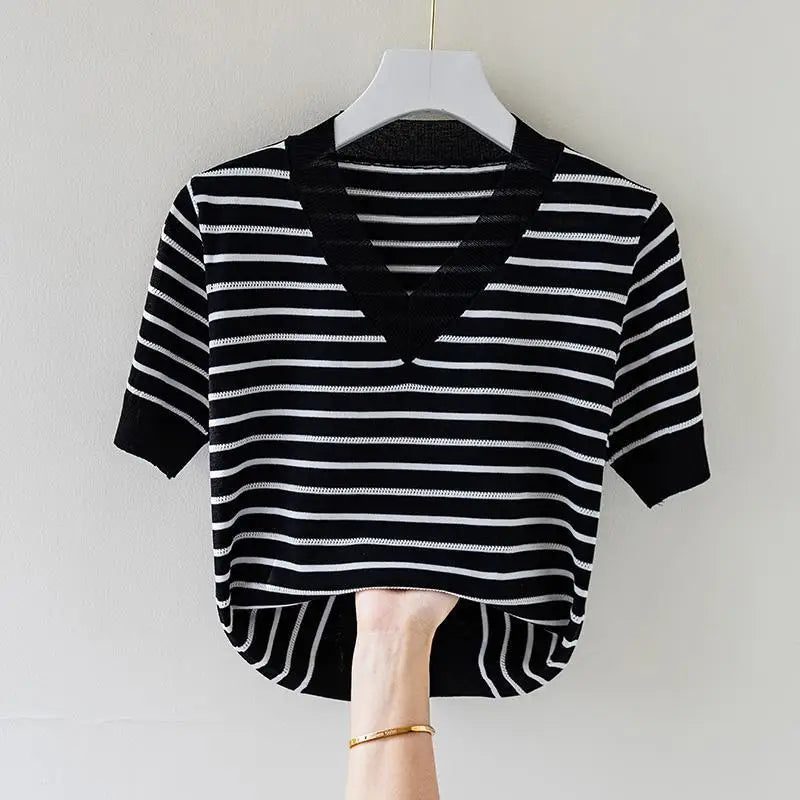 Summer V-Neck Striped T-Shirt for Women