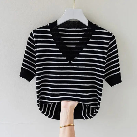 Summer V-Neck Striped T-Shirt for Women