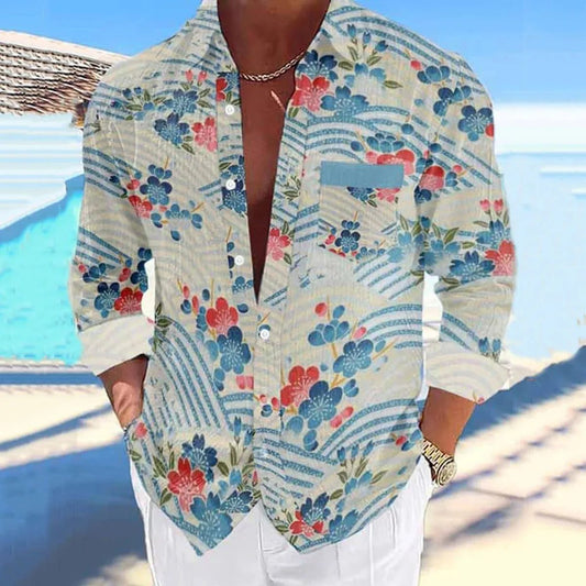 Men's Linen Hawaiian Shirt Ocean Wave Design