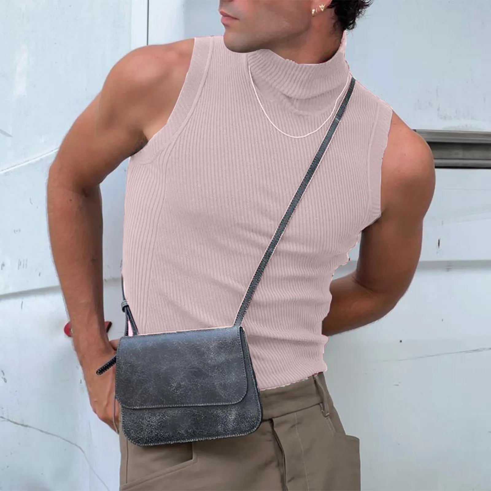 Men's Ribbed Sleeveless Turtleneck Casual Tank Top
