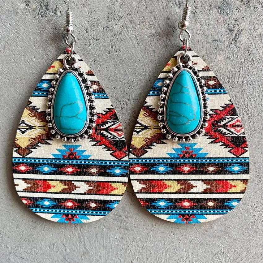 Boho Turquoise Teardrop Earrings with Aztec Design