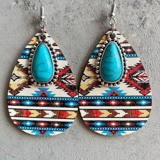 Boho Turquoise Teardrop Earrings with Aztec Design