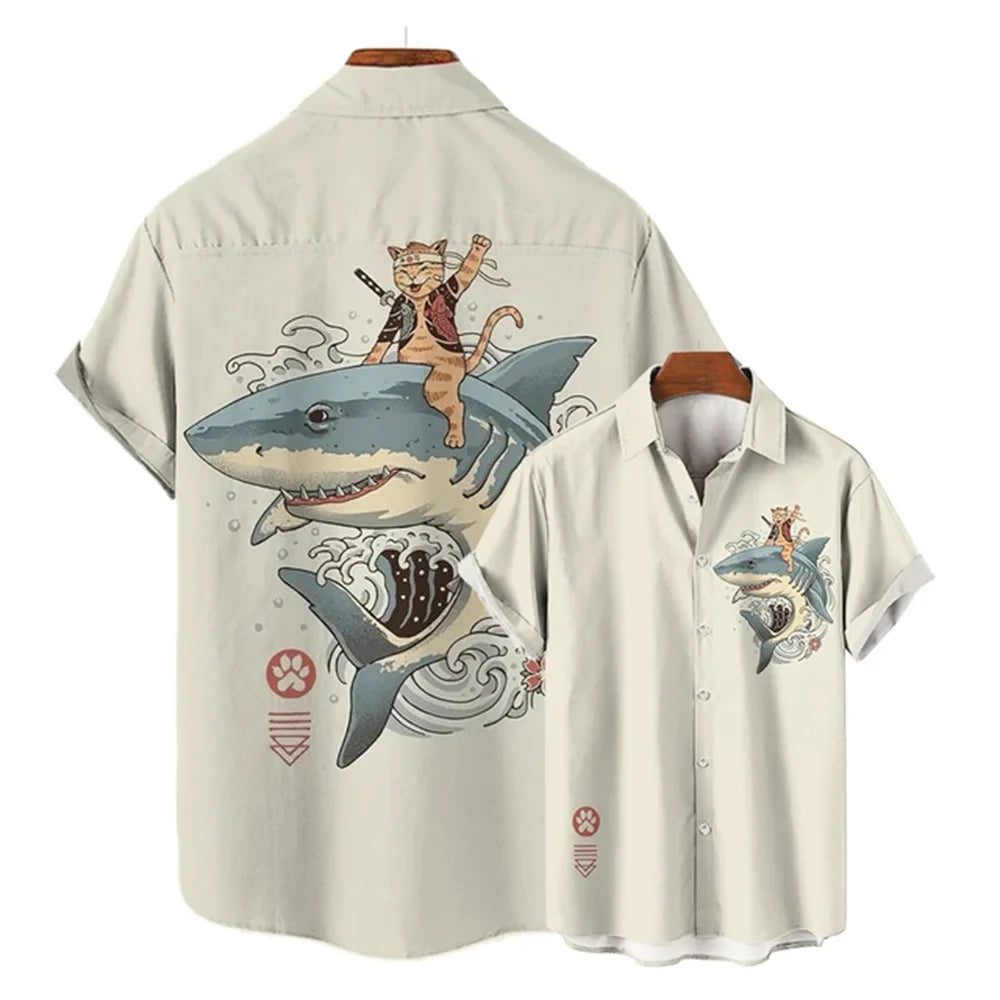 Cool Samurai Cat Hawaiian Shirt for Men