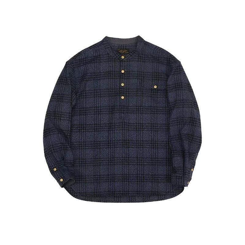 Vintage Men's Plaid Band Collar Flannel Shirt