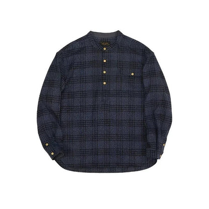 Vintage Men's Plaid Band Collar Flannel Shirt