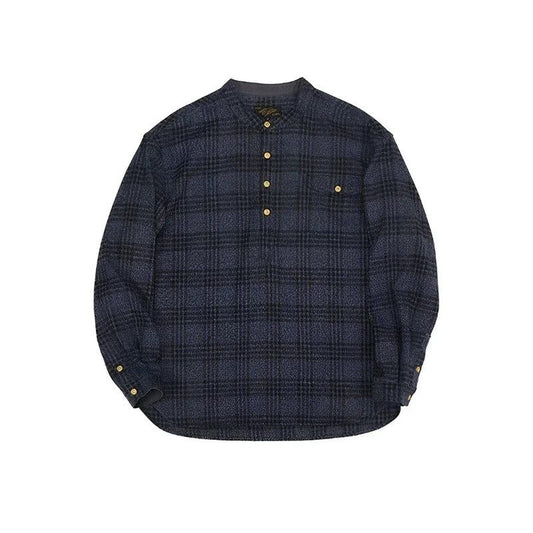Vintage Men's Plaid Band Collar Flannel Shirt