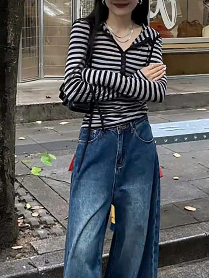 Plus Size Striped Cotton Hooded Shirt