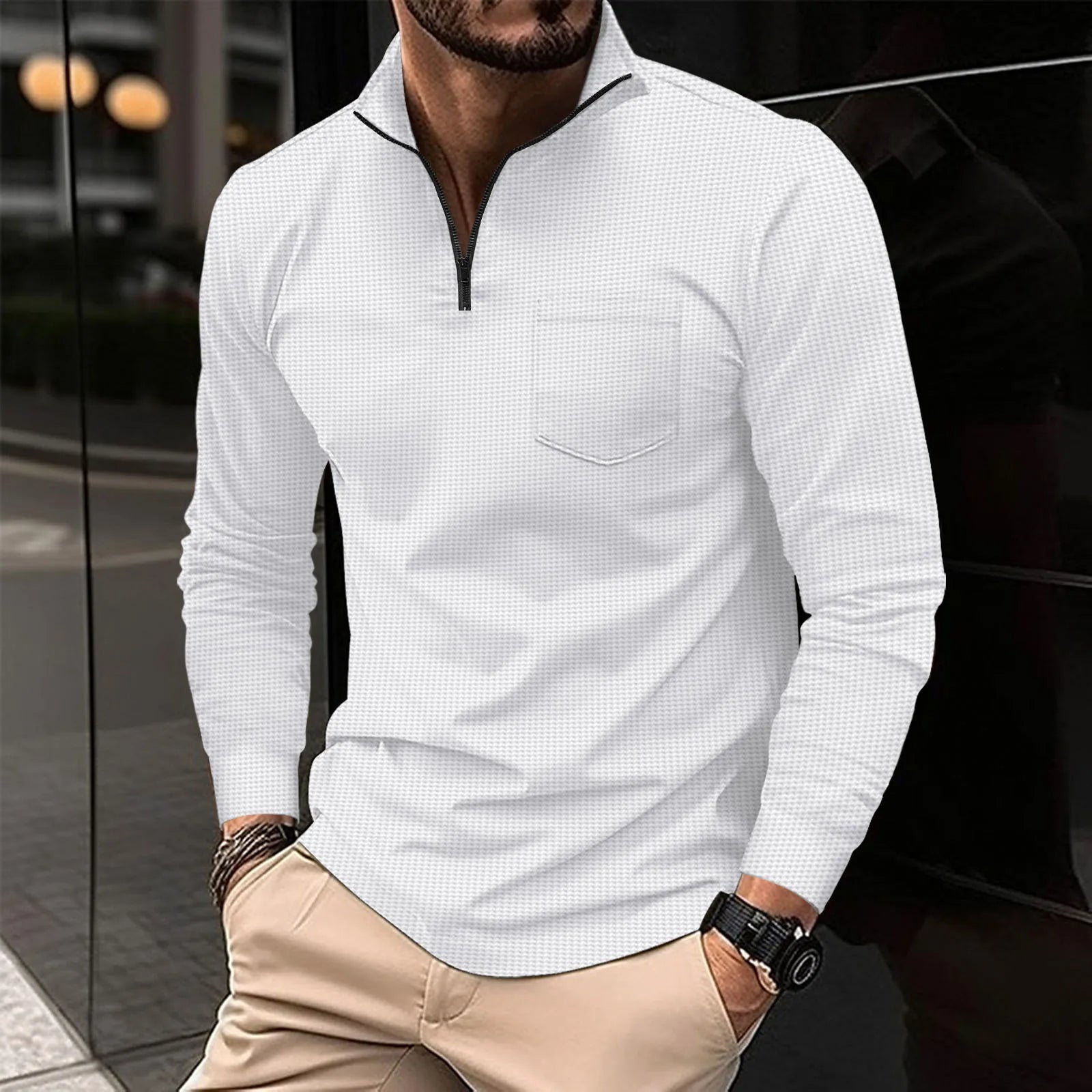 Men's Long Sleeve Polo Neck Pocket T-shirt