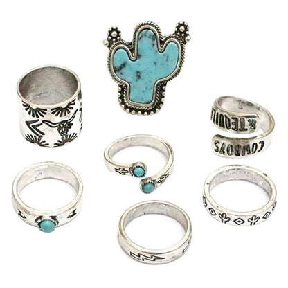 Vintage Western Cowboy Cactus Turquoise Ring Set