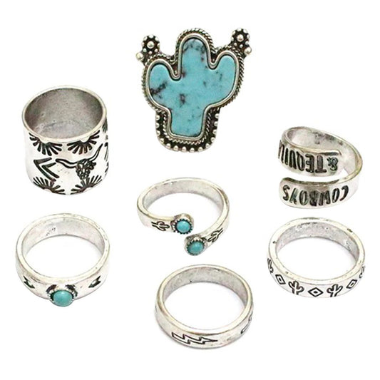 Vintage Western Cowboy Cactus Turquoise Ring Set