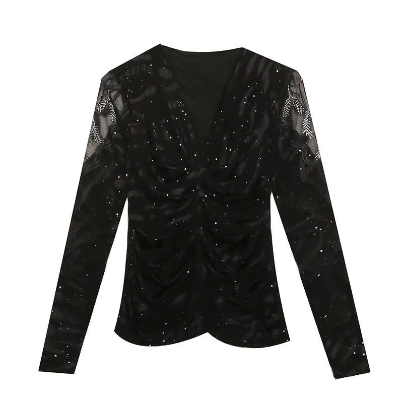 Chic Black Mesh Long Sleeve Women's T-Shirt