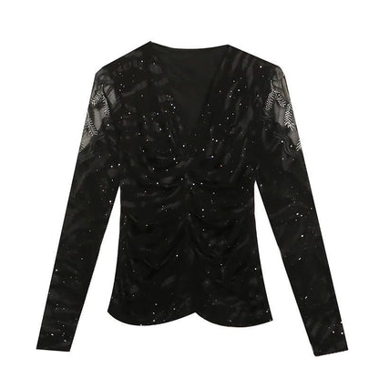 Chic Black Mesh Long Sleeve Women's T-Shirt