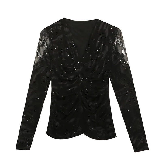 Chic Black Mesh Long Sleeve Women's T-Shirt