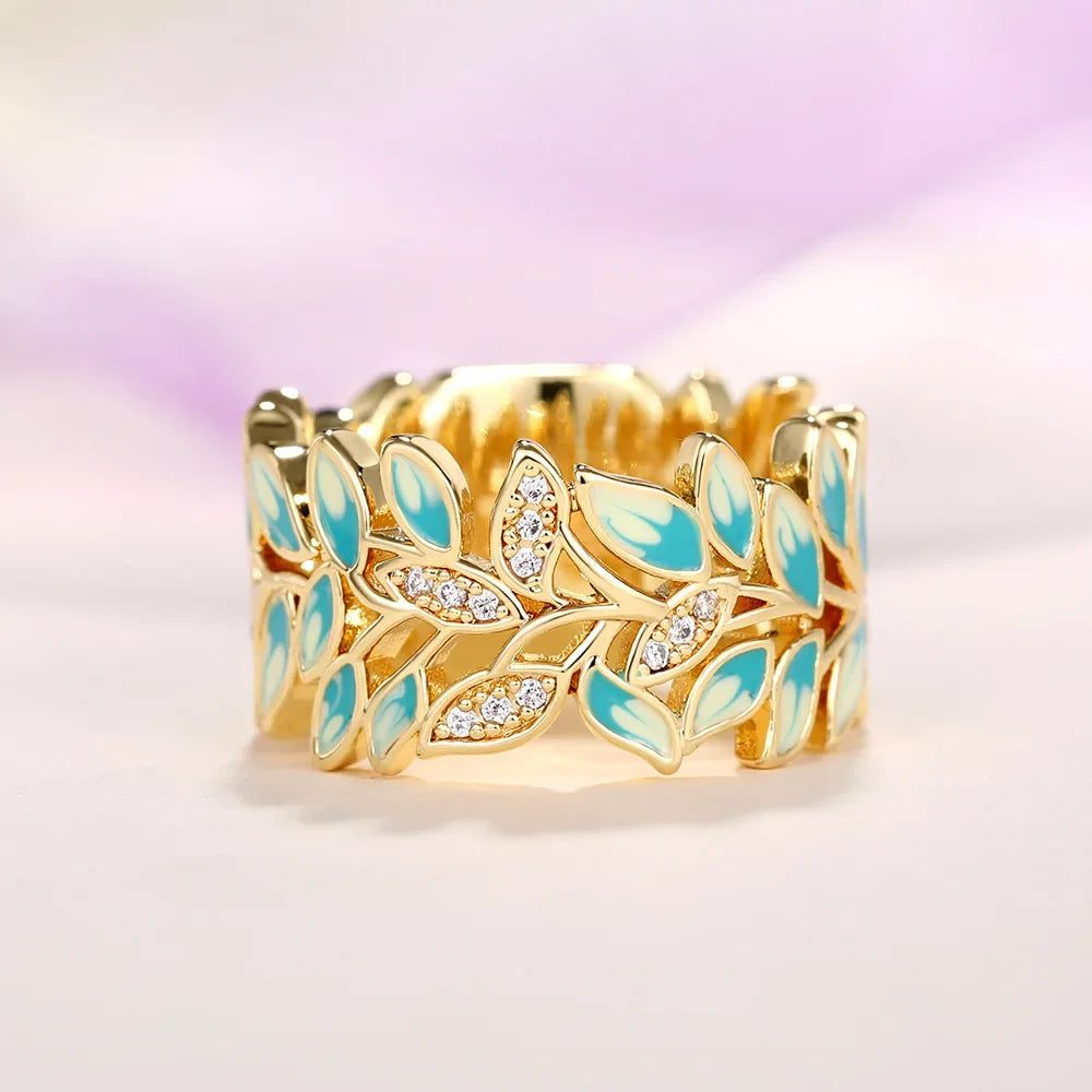 Luxury Green Leaf Enamel Women's Ring