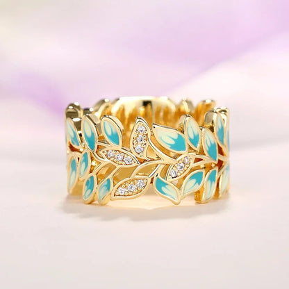 Luxury Green Leaf Enamel Women's Ring