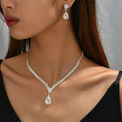 Elegant Water Drop Crystal Necklace Earrings Set