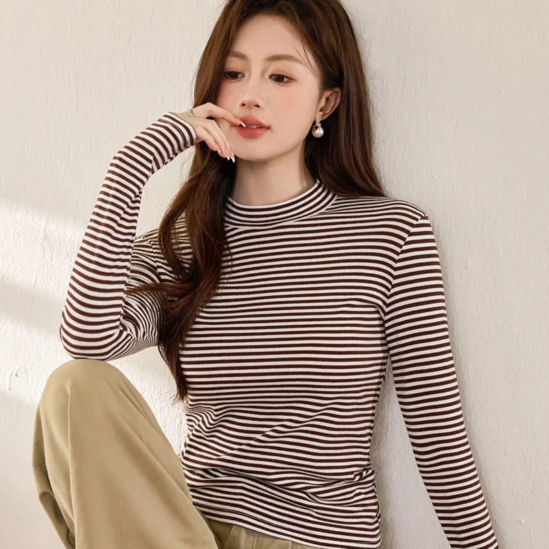Women's Striped Cotton T-Shirt with Turtleneck