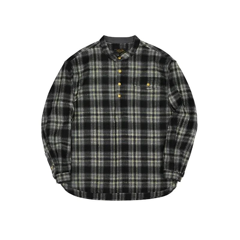 Vintage Men's Plaid Band Collar Flannel Shirt