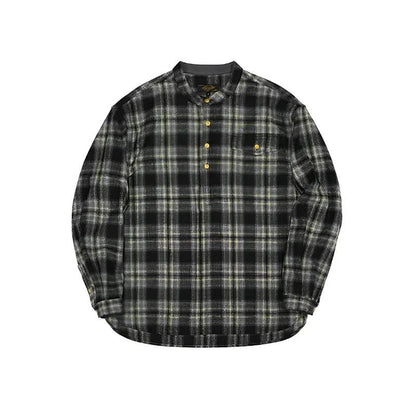 Vintage Men's Plaid Band Collar Flannel Shirt