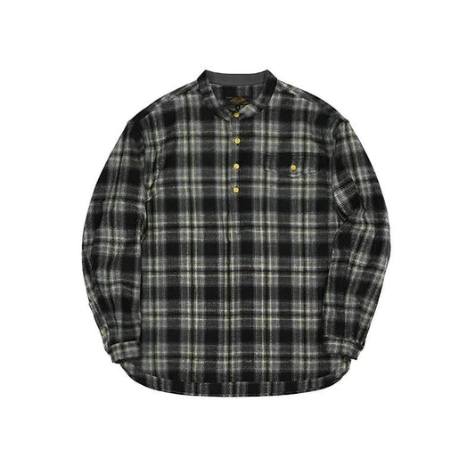 Vintage Men's Plaid Band Collar Flannel Shirt