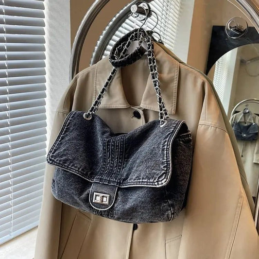 Casual Denim Shoulder Bags with Zipper Compartment