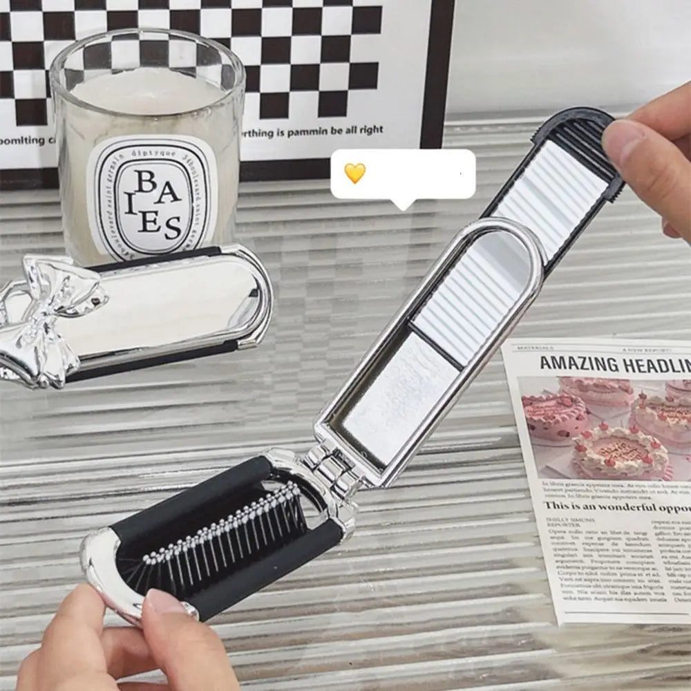 Portable Pink Silver Folding Comb Mirror Tool